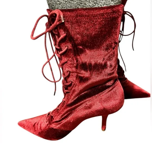 YEEZY Season 5 Velvet Ox Blood Lace Up Stretch Sock Ankle Boots Heels Sz 37 1/2