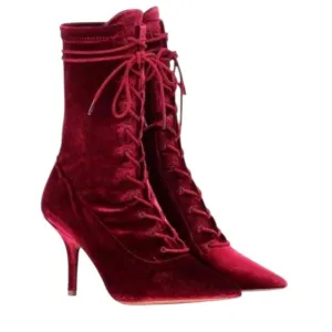 YEEZY Season 5 Velvet Ox Blood Lace Up Stretch Sock Ankle Boots Heels Sz 37 1/2