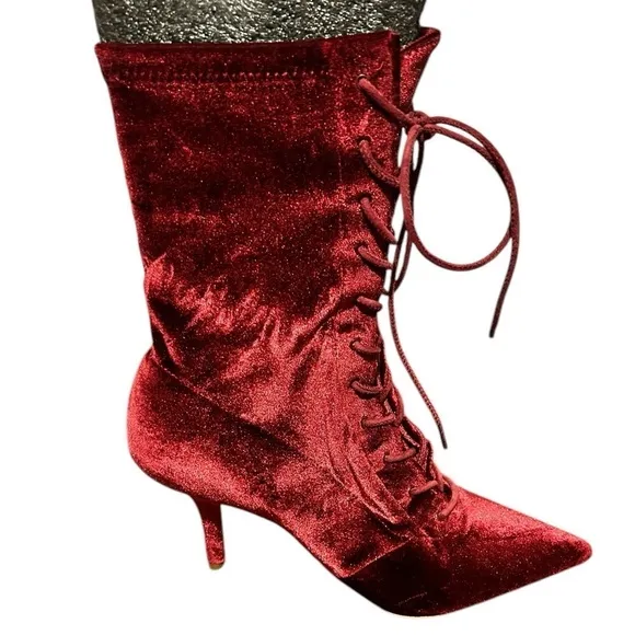 YEEZY Season 5 Velvet Ox Blood Lace Up Stretch Sock Ankle Boots Heels Sz 37 1/2
