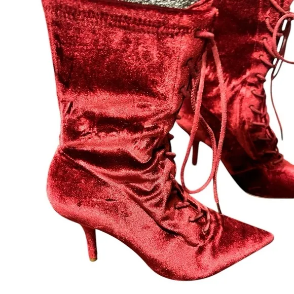 YEEZY Season 5 Velvet Ox Blood Lace Up Stretch Sock Ankle Boots Heels Sz 37 1/2