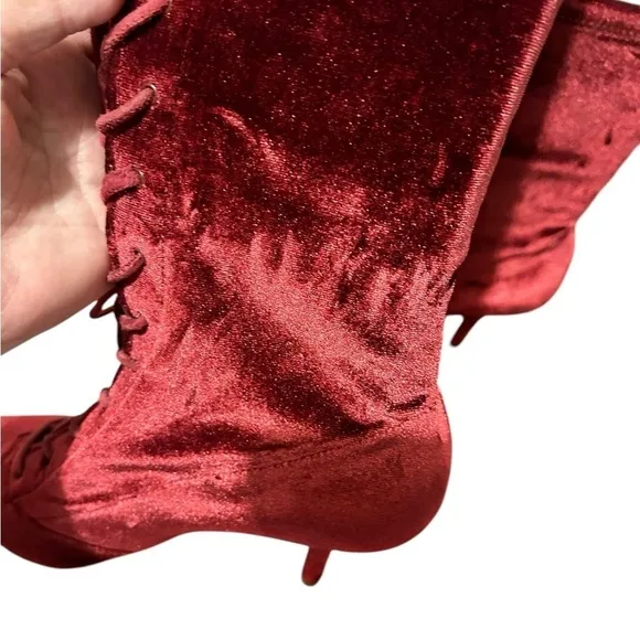 YEEZY Season 5 Velvet Ox Blood Lace Up Stretch Sock Ankle Boots Heels Sz 37 1/2