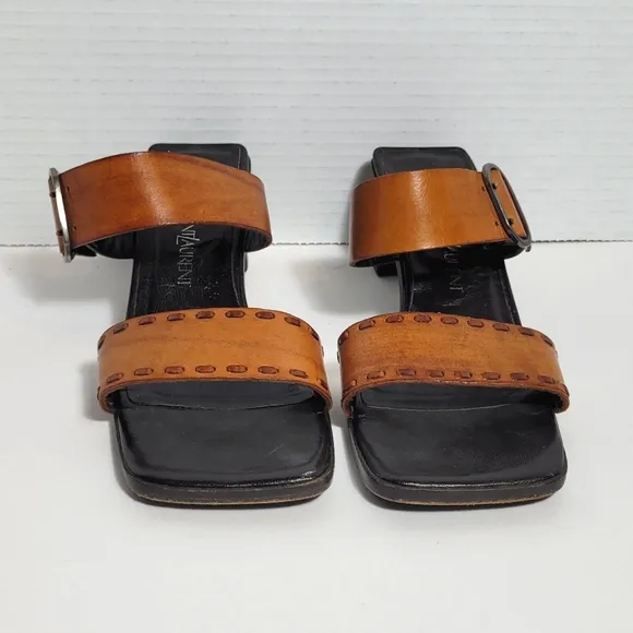 Yves Saint Laurent Dual Strap w Buckle Square Toe Vintage Leather Sandals 6.5Med