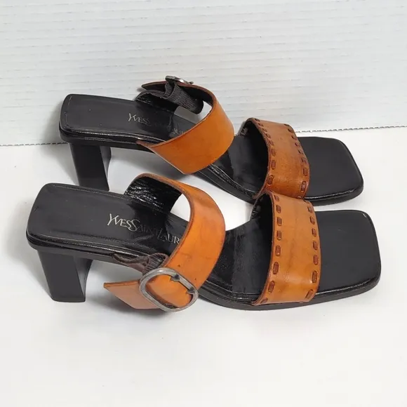 Yves Saint Laurent Dual Strap w Buckle Square Toe Vintage Leather Sandals 6.5Med