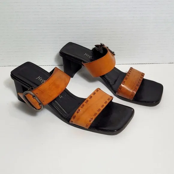 Yves Saint Laurent Dual Strap w Buckle Square Toe Vintage Leather Sandals 6.5Med