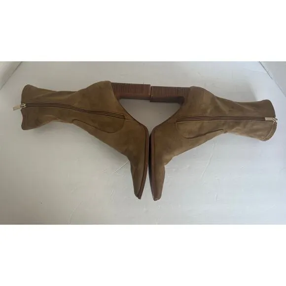 ZARA Beige Faux Suede Stretch Fabric Ankle Square Toe Block Heels Zip Boots 8