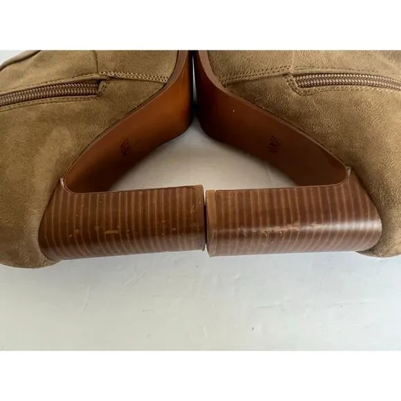 ZARA Beige Faux Suede Stretch Fabric Ankle Square Toe Block Heels Zip Boots 8