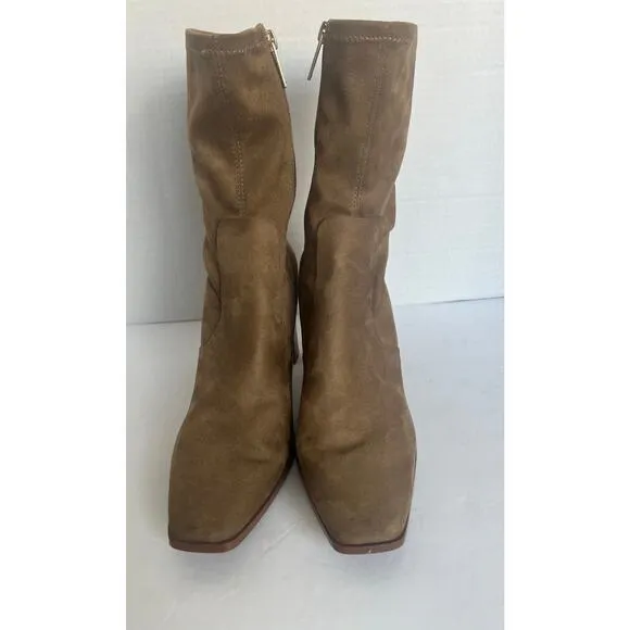 ZARA Beige Faux Suede Stretch Fabric Ankle Square Toe Block Heels Zip Boots 8