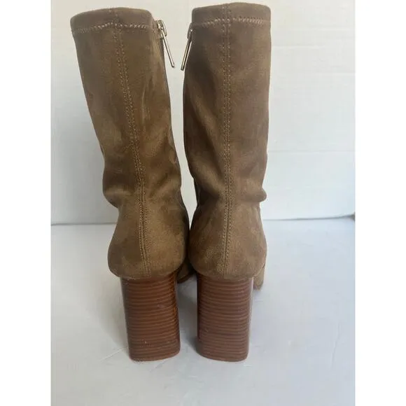 ZARA Beige Faux Suede Stretch Fabric Ankle Square Toe Block Heels Zip Boots 8