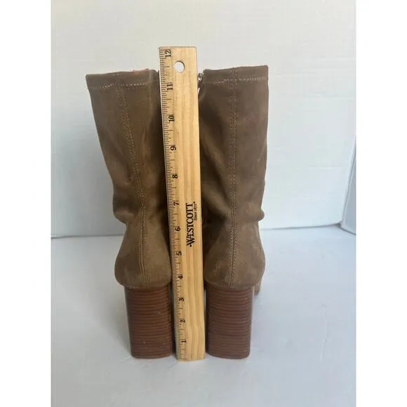 ZARA Beige Faux Suede Stretch Fabric Ankle Square Toe Block Heels Zip Boots 8