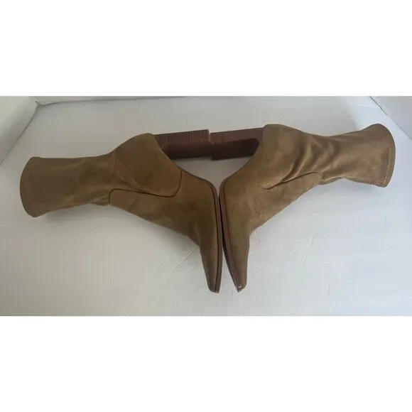 ZARA Beige Faux Suede Stretch Fabric Ankle Square Toe Block Heels Zip Boots 8