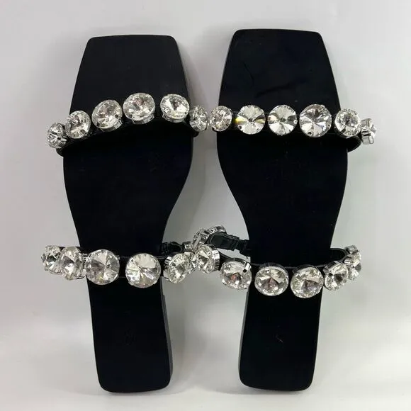 ZARA Big Bling Strappy Square Toe Slip On Sandals Black EU 38/US 7.5