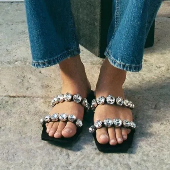 ZARA Big Bling Strappy Square Toe Slip On Sandals Black EU 38/US 7.5