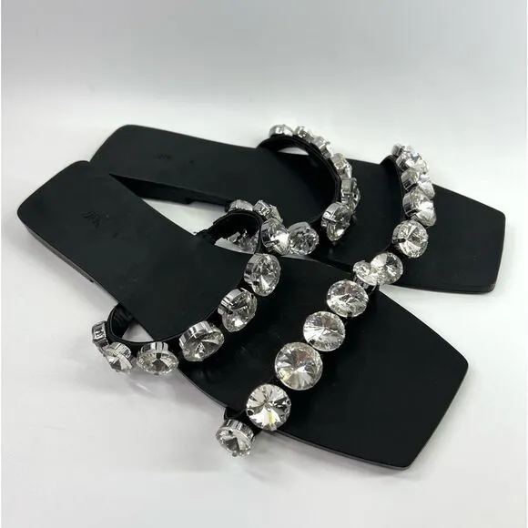 ZARA Big Bling Strappy Square Toe Slip On Sandals Black EU 38/US 7.5