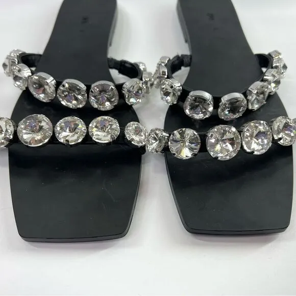ZARA Big Bling Strappy Square Toe Slip On Sandals Black EU 38/US 7.5