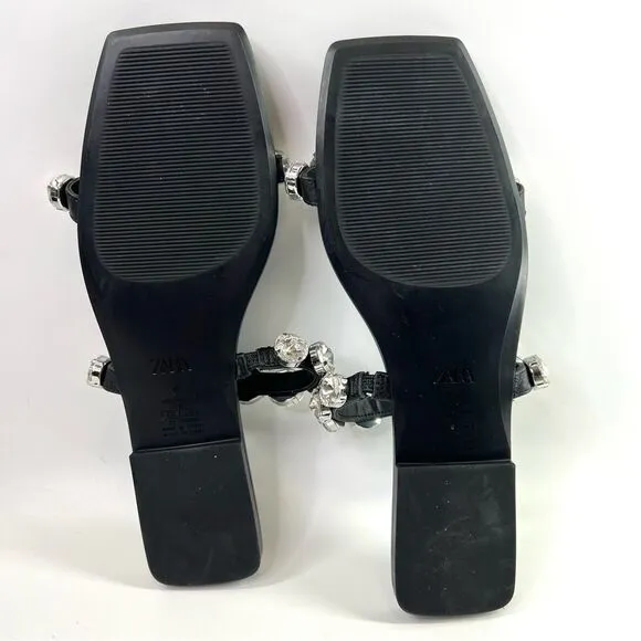 ZARA Big Bling Strappy Square Toe Slip On Sandals Black EU 38/US 7.5