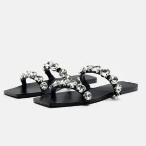 ZARA Big Bling Strappy Square Toe Slip On Sandals Black EU 38/US 7.5