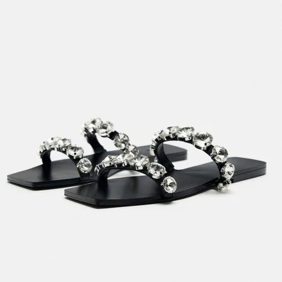 ZARA Big Bling Strappy Square Toe Slip On Sandals Black EU 38/US 7.5