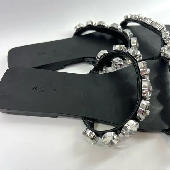 ZARA Big Bling Strappy Square Toe Slip On Sandals Black EU 38/US 7.5