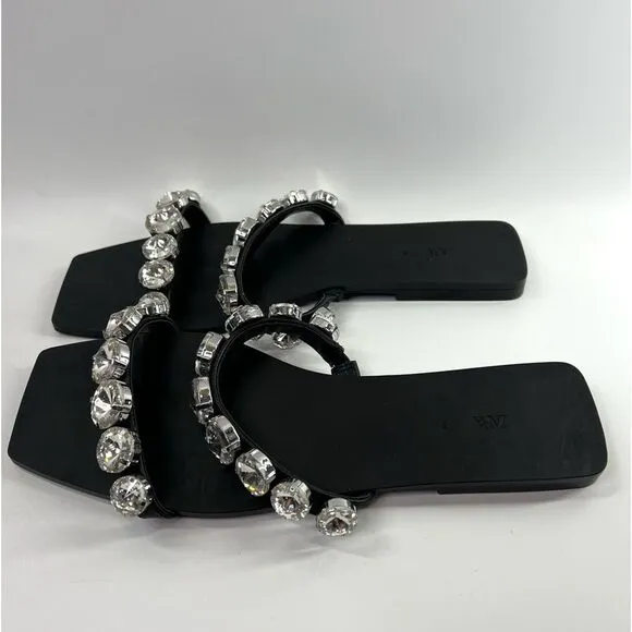ZARA Big Bling Strappy Square Toe Slip On Sandals Black EU 38/US 7.5
