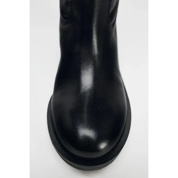 Zara Black Knee High Leather Riding Boots With Tabs Size US 6.5 EUR 37 Orig $159