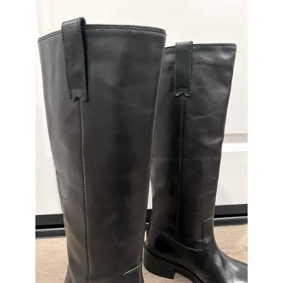 Zara Black Knee High Leather Riding Boots With Tabs Size US 6.5 EUR 37 Orig $159