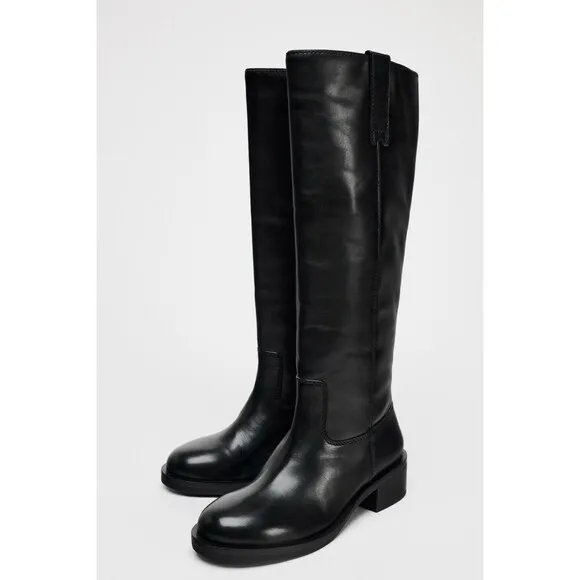 Zara Black Knee High Leather Riding Boots With Tabs Size US 6.5 EUR 37 Orig $159