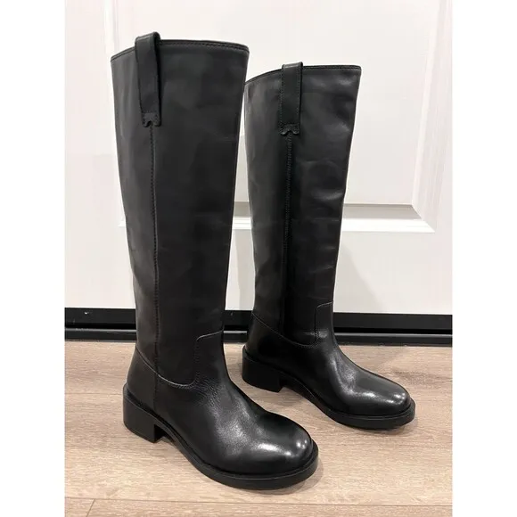 Zara Black Knee High Leather Riding Boots With Tabs Size US 6.5 EUR 37 Orig $159