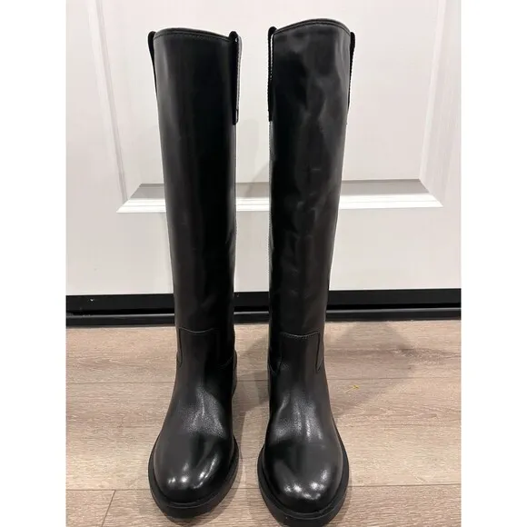 Zara Black Knee High Leather Riding Boots With Tabs Size US 6.5 EUR 37 Orig $159