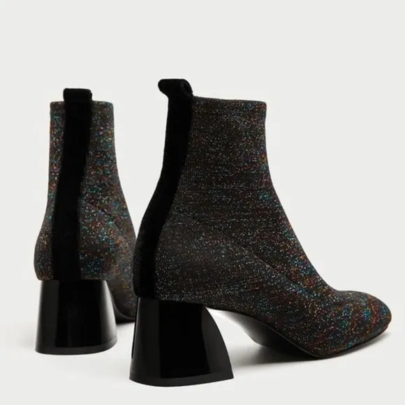 ZARA Glitter Fitted Fabric Heeled Ankle Boots Size 8.5