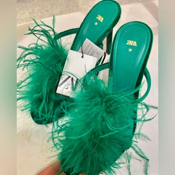 Zara Green Feathered Velvet Heeled Sandals