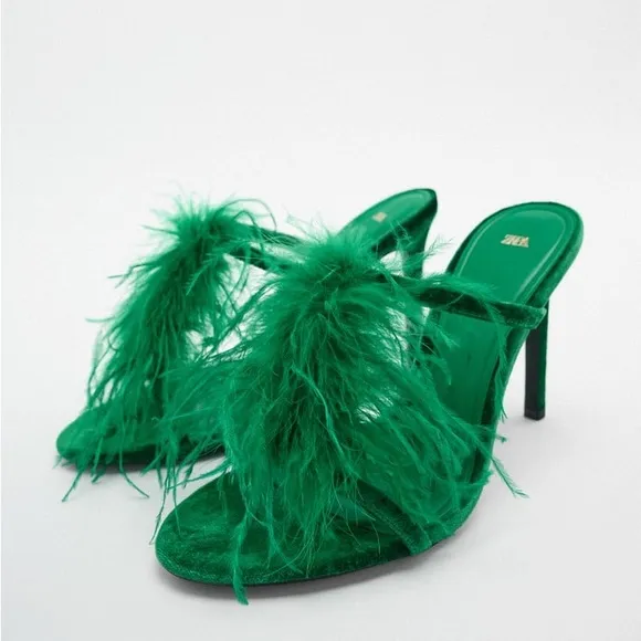 Zara Green Feathered Velvet Heeled Sandals