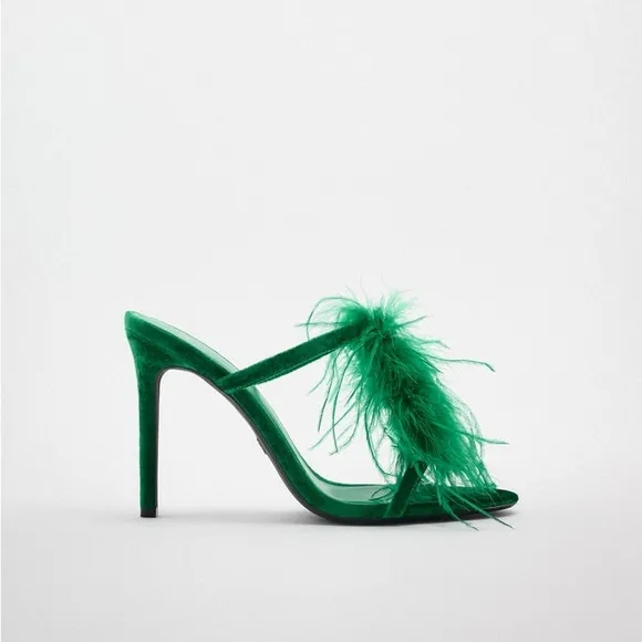 Zara Green Feathered Velvet Heeled Sandals