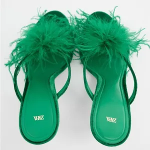 Zara Green Feathered Velvet Heeled Sandals