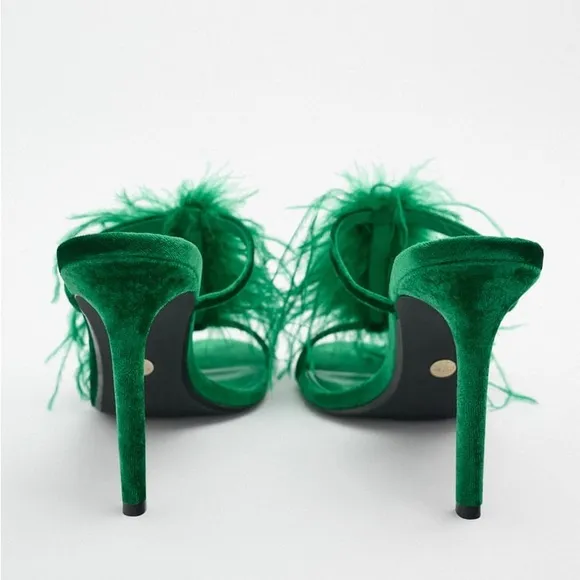 Zara Green Feathered Velvet Heeled Sandals
