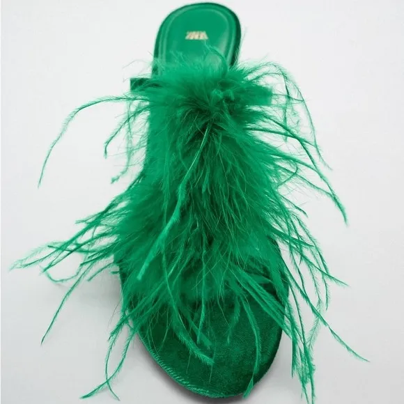 Zara Green Feathered Velvet Heeled Sandals