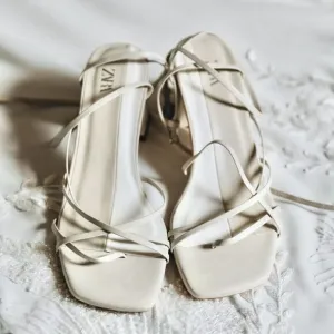 Zara Heeled Leather Strappy Sandals in White Taupe Size 40 9.5