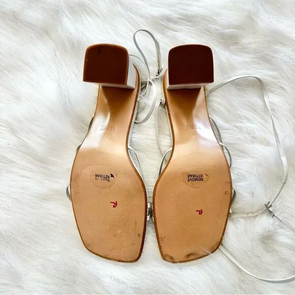 Zara Heeled Leather Strappy Sandals in White Taupe Size 40 9.5