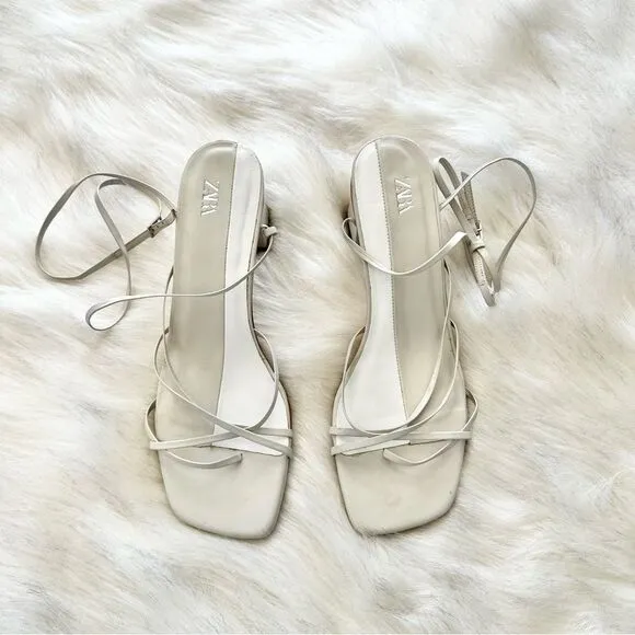 Zara Heeled Leather Strappy Sandals in White Taupe Size 40 9.5