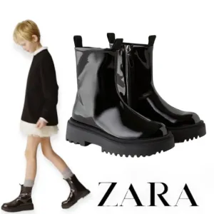 ZARA Kids | Black | FAUX PATENT LEATHER STRETCH ANKLE BOOTS