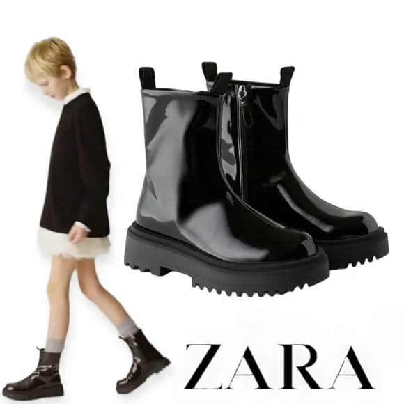 ZARA Kids | Black | FAUX PATENT LEATHER STRETCH ANKLE BOOTS