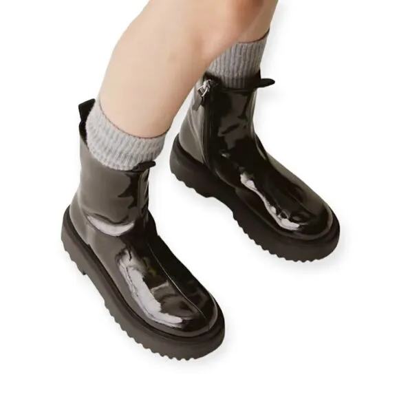 ZARA Kids | Black | FAUX PATENT LEATHER STRETCH ANKLE BOOTS