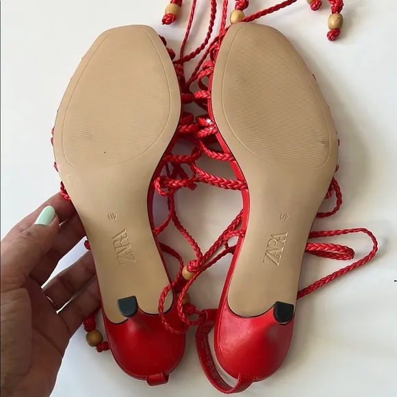 Zara kitten heel Red Strappy Women's Sandals 40 fits US 9
