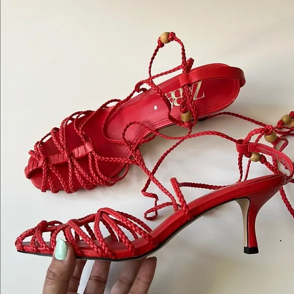Zara kitten heel Red Strappy Women's Sandals 40 fits US 9