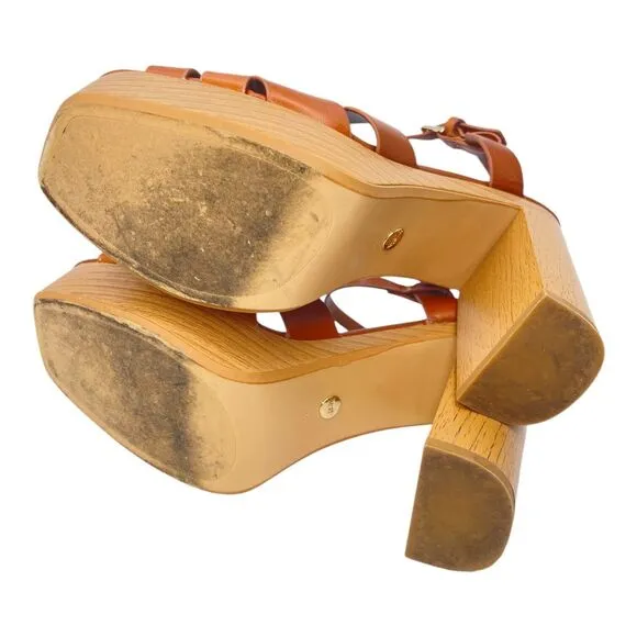 Zara Leather Platform retro chunky Strappy Wooden Heeled Sandals Size 40