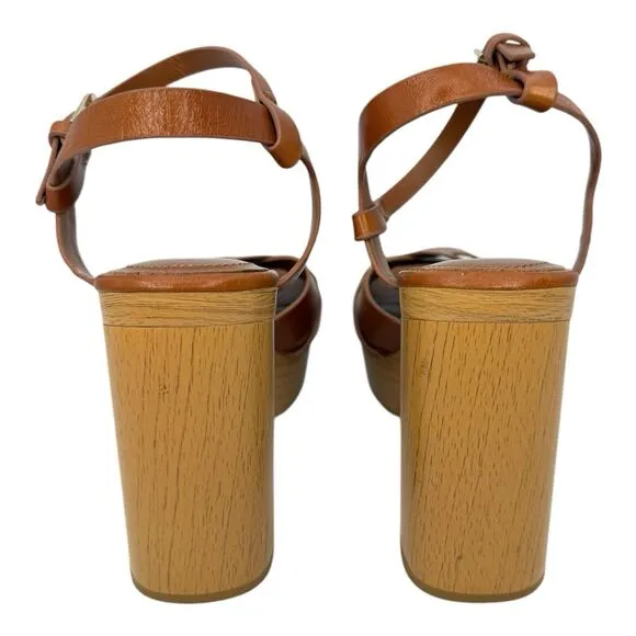 Zara Leather Platform retro chunky Strappy Wooden Heeled Sandals Size 40