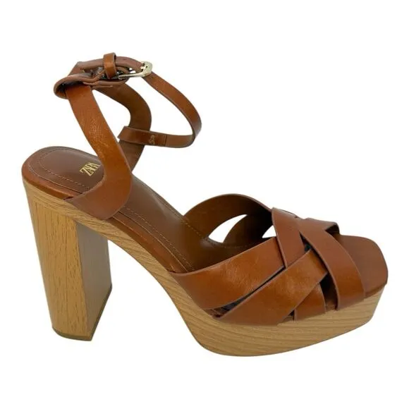 Zara Leather Platform retro chunky Strappy Wooden Heeled Sandals Size 40