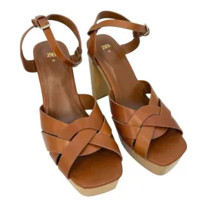 Zara Leather Platform retro chunky Strappy Wooden Heeled Sandals Size 40