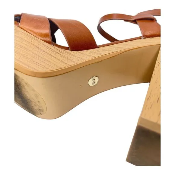 Zara Leather Platform retro chunky Strappy Wooden Heeled Sandals Size 40