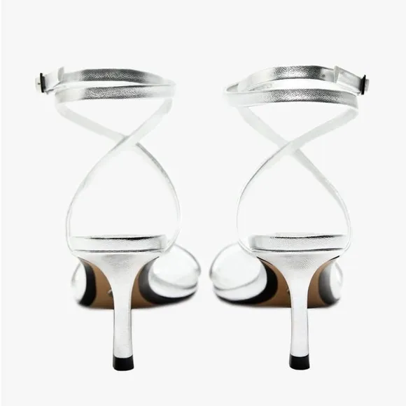 Zara Limited Edition Silver Leather Strap Heeled Sandals