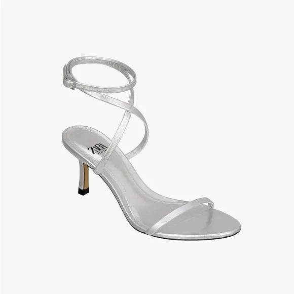 Zara Limited Edition Silver Leather Strap Heeled Sandals